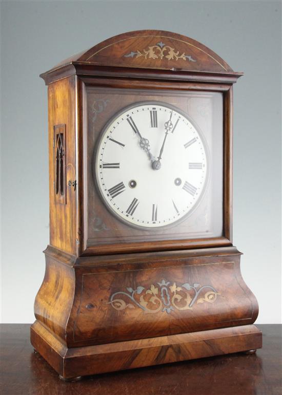 19th century German inlaid mahogany eight day mantel clock, 19.5in.(-)